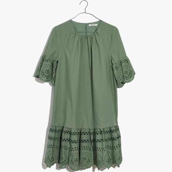 Madewell Eyelet Drop-Waist Dress Dusty Patina Cotton Lace Sage Green Small S - Picture 4 of 10